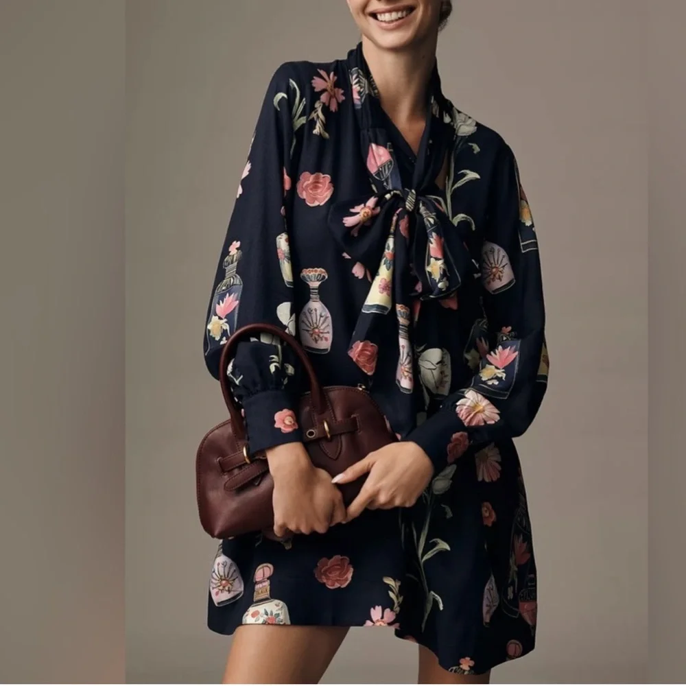 Anthropologie The Caroline Long-Sleeve Tie-Neck Mini Dress by Maeve - Picture 1 of 1